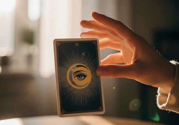 A serene hand drawing a tarot card, symbolizing clarity and insight