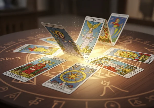 Tarot cards laid out in a meaningful spread on a table