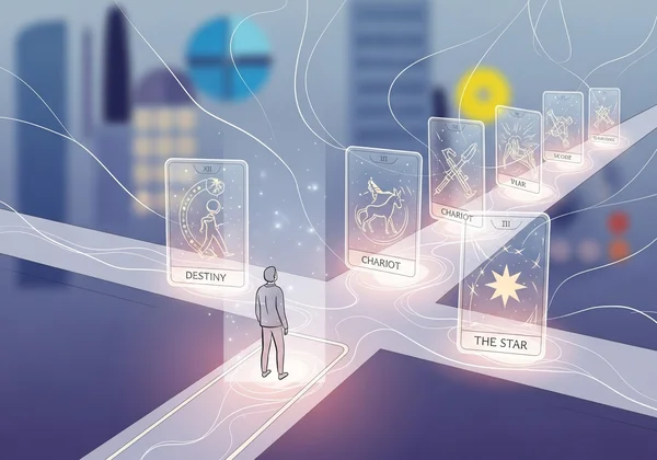 Person seeking career direction, guided by abstract tarot cards.