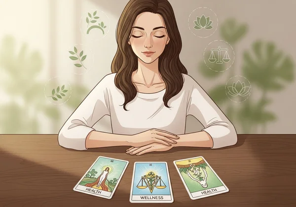 Woman reflecting with a tarot card wellness spread