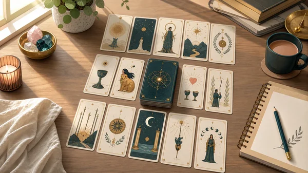 Tarot deck spread on a desk