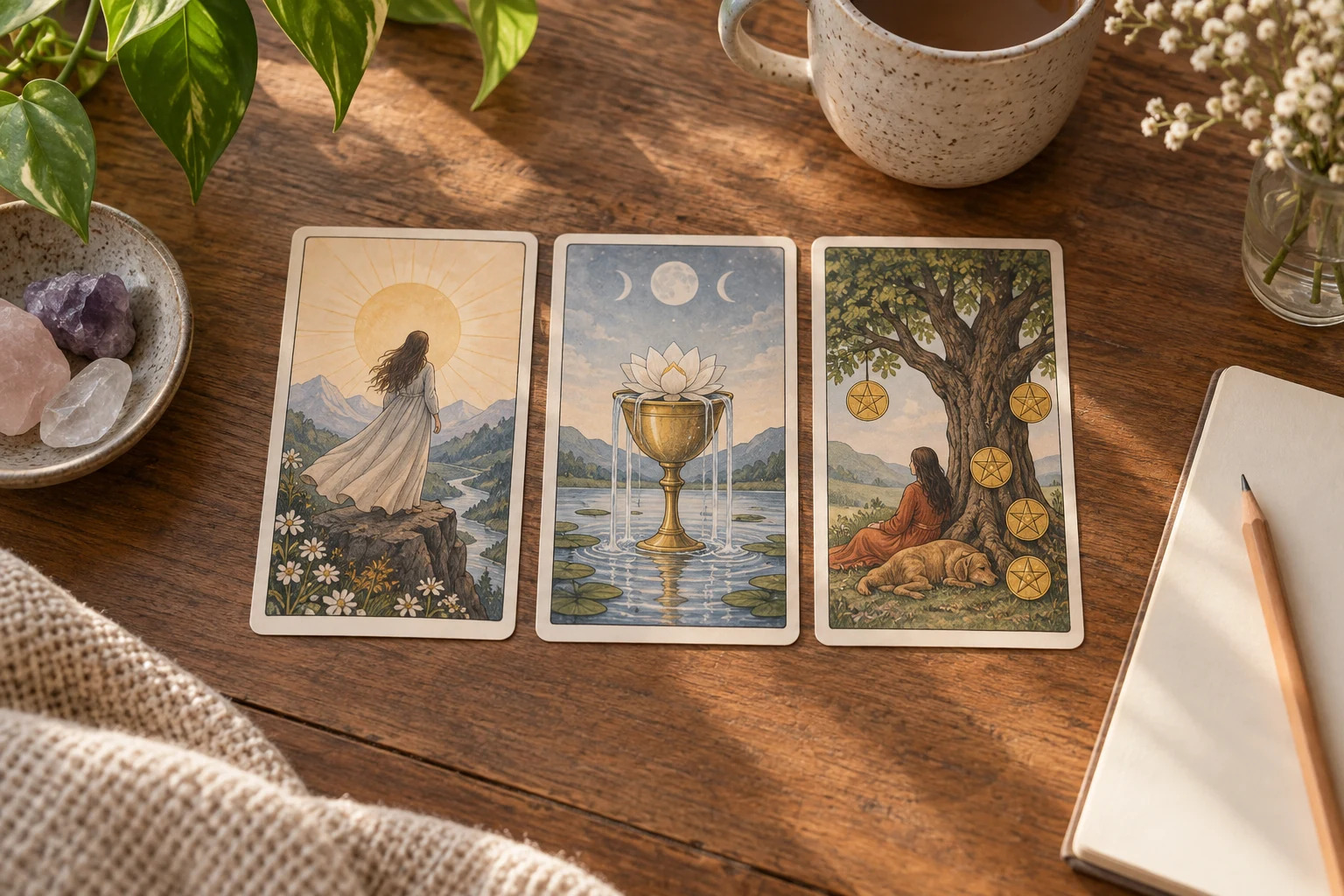Three tarot cards on a desk